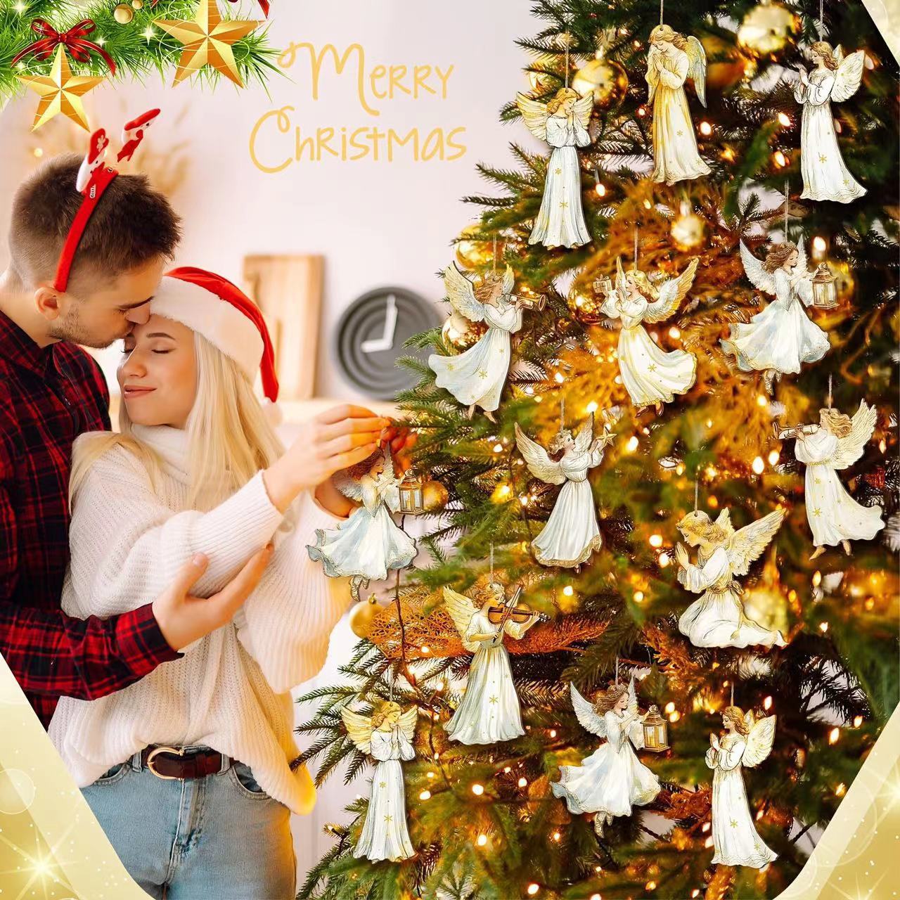 🎁🔥Σετ 12 τεμαχίων, χαμηλή τιμή και καυτή πώληση🔥Ξύλινο στολίδι με άγγελο